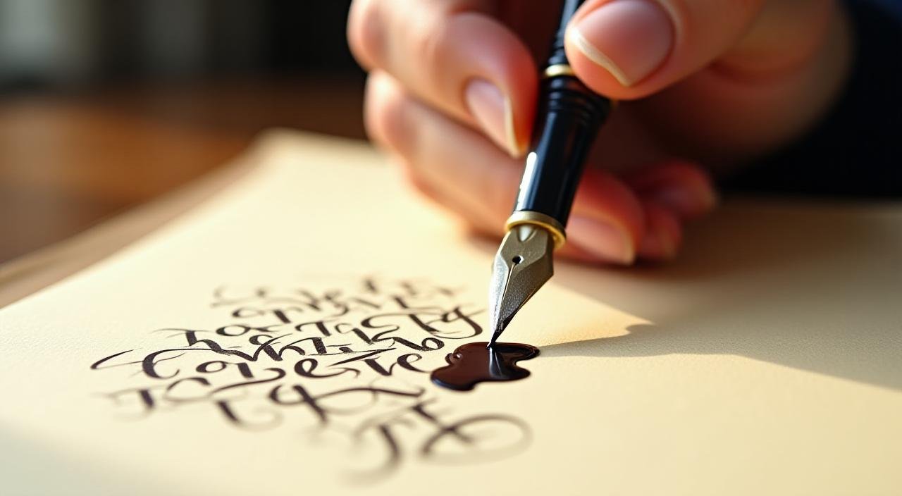 A person practicing calligraphy as a form of meditation, soft lighting, ink on paper
