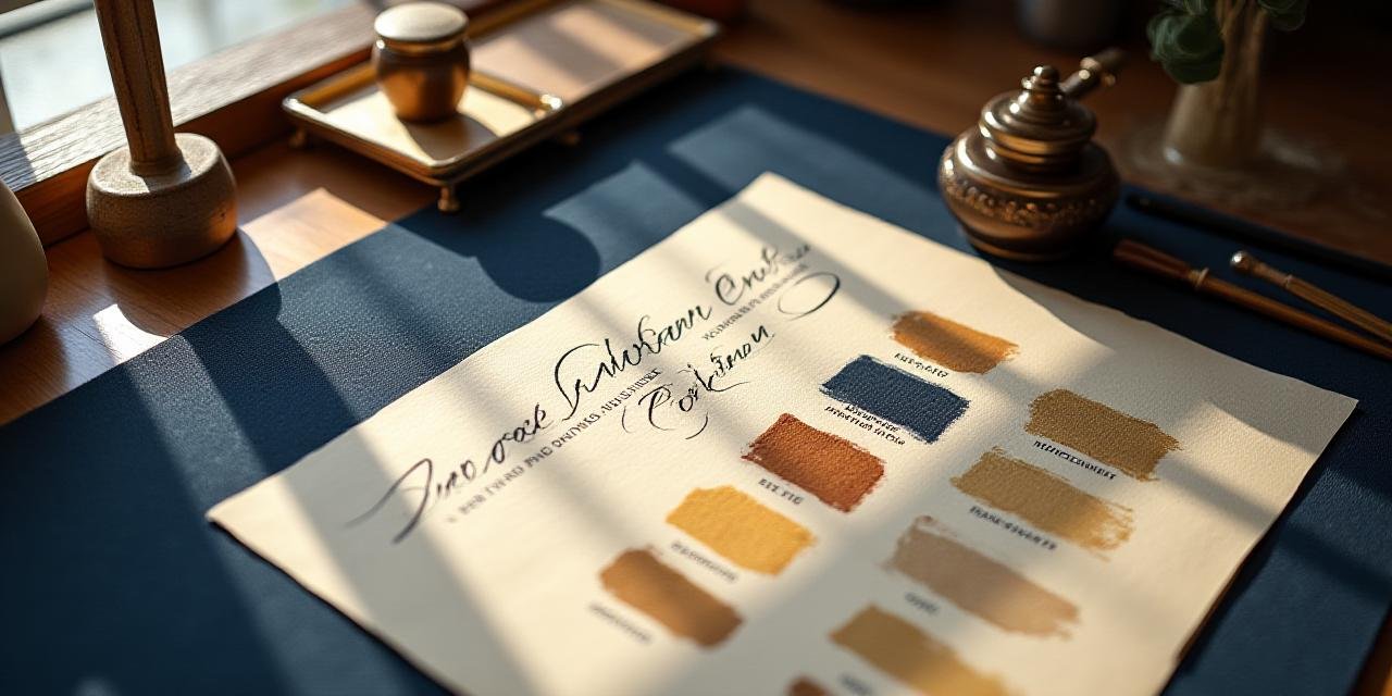 Artistic desk with calligraphy tools and brand mood board