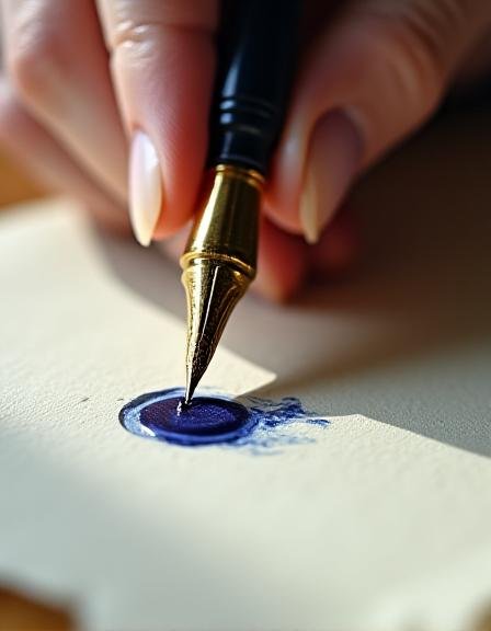 Close up of a hand holding a calligraphy pen on textured paper with soft morning light