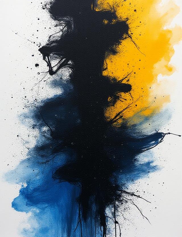 Abstract modern calligraphy with vibrant ink splashes