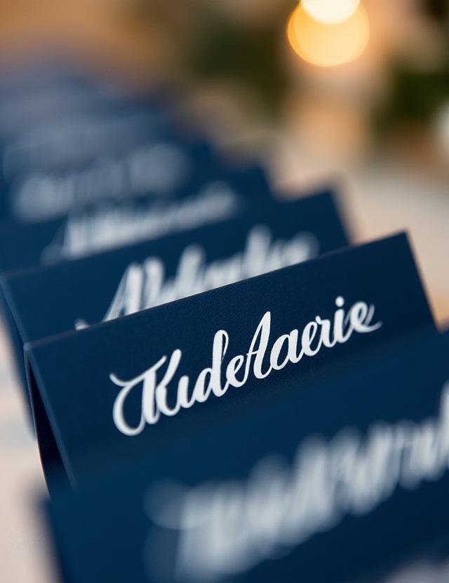 Elegant place cards with white ink on navy cardstock