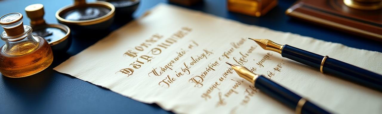 Artistic desk with calligraphy tools and legal documents